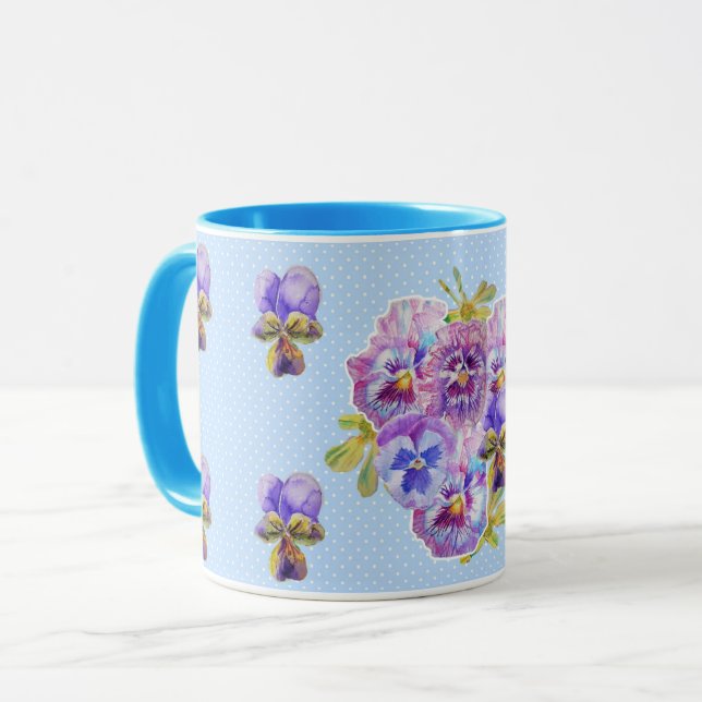 Shabby Chic Blue Pansy Floral Polka Dot Tasse (Vorderseite Links)