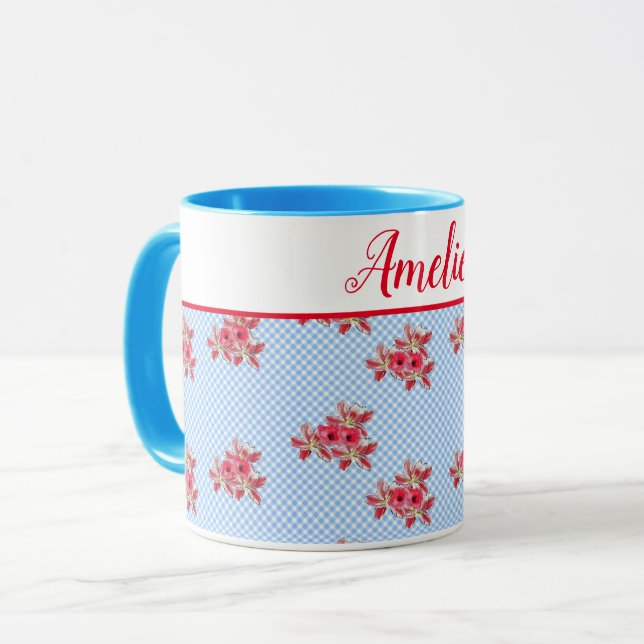 Shabby Chic Blue Red Floral Lily Gingham Art Tasse (Vorderseite Links)