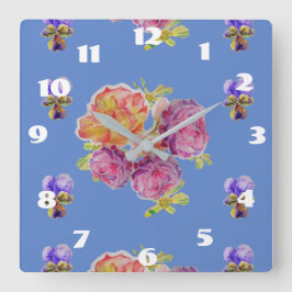 Shabby Chic Blue Roses Rose Floral Room Clock Quadratische Wanduhr