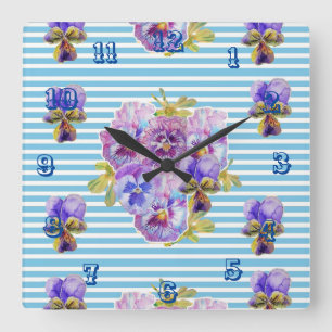Shabby Chic Blue Strip Pansy Blume Florenz Quadratische Wanduhr