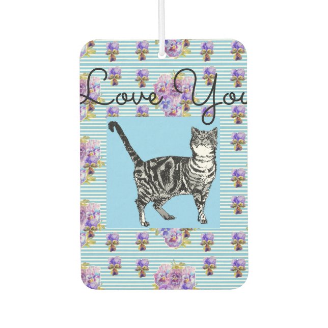 Shabby Chic Blue Strip Tabby Cat Liebe Herz Autolufterfrischer (Vorderseite)