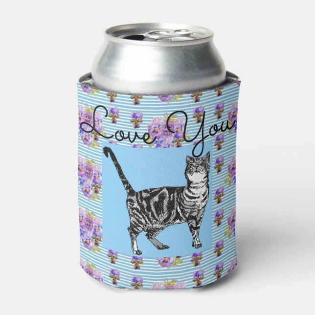 Shabby Chic Blue Strip Tabby Cat Liebe Herz Dosenkühler (Kanne Vorderseite)