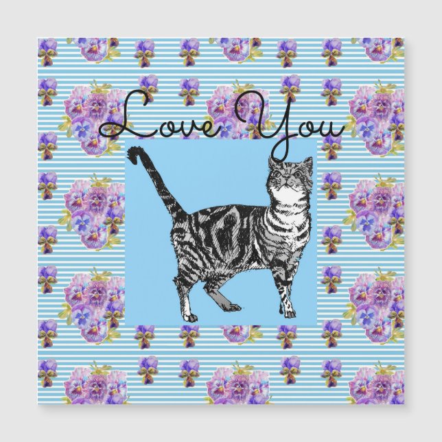Shabby Chic Blue Strip Tabby Cat Liebe Herz Magnetkarte (Vorderseite)