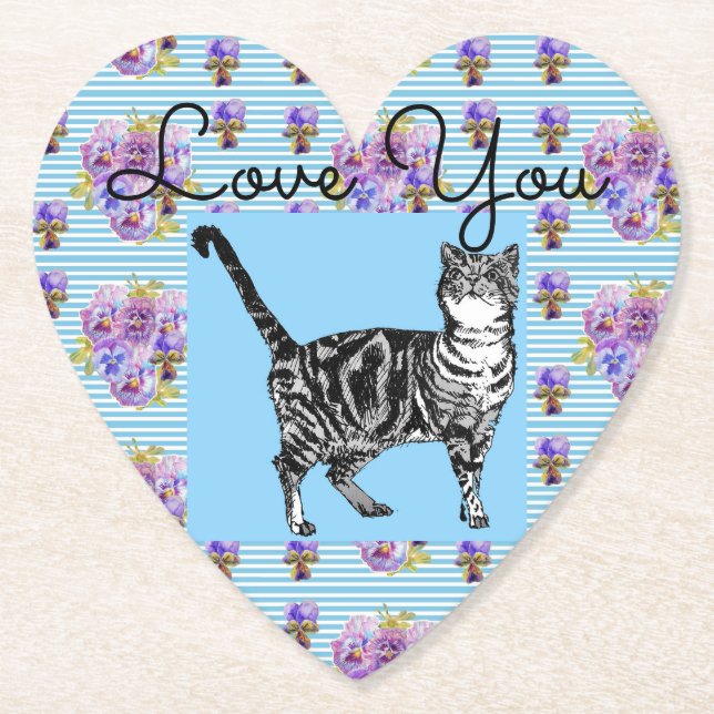 Shabby Chic Blue Strip Tabby Cat Liebe Herz Untersetzer (Vorderseite)
