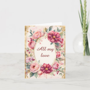 Shabby Chic-Blume rund um ein Goldrahmen-Valentine Feiertagskarte
