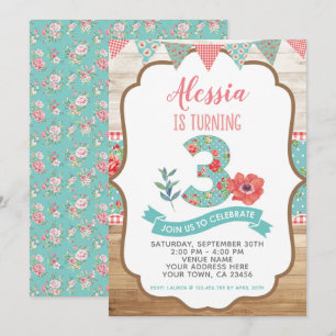 Shabby Chic-Blumen3. Geburtstags-Einladung Einladung