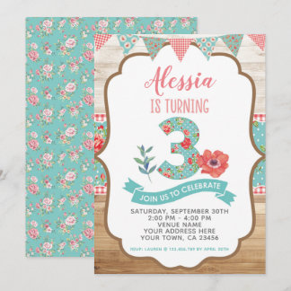 Shabby Chic-Blumen3. Geburtstags-Einladung Einladung