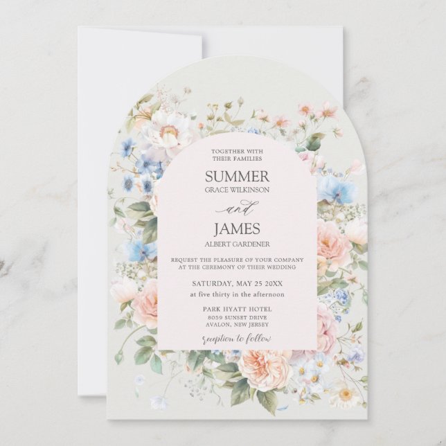 Shabby Chic Blush Blue White Floral Blume Hochzeit Einladung (Vorderseite)