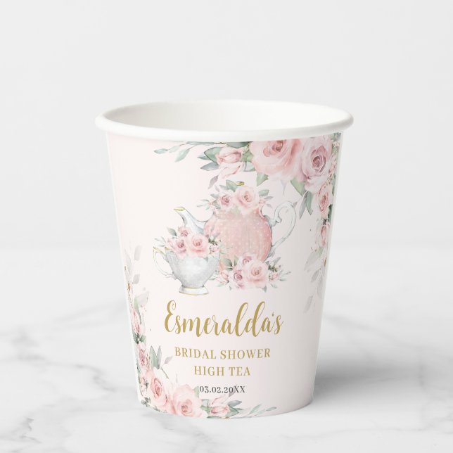 Shabby Chic Blush Blumenstrauß Tee Brautparty Pappbecher (Vorderseite)