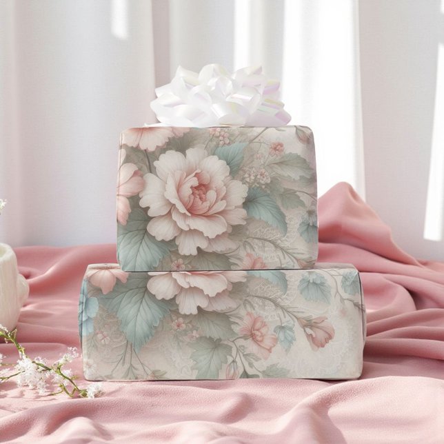 Shabby Chic Blush Pink Sage Green Boho Blues Rose Geschenkpapier (Von Creator hochgeladen)