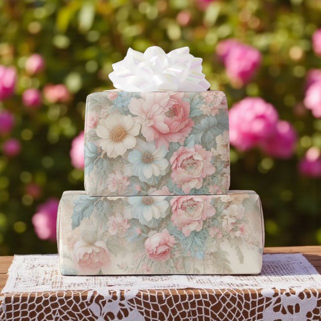 Shabby Chic Blush Pink Sage Green Boho Blues Rose Geschenkpapier (Von Creator hochgeladen)