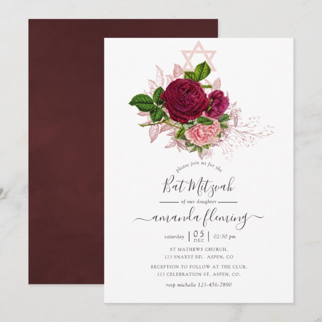 Shabby-Chic Blush und Burgund Bat Mitzvah Einladung (Vorne/Hinten)