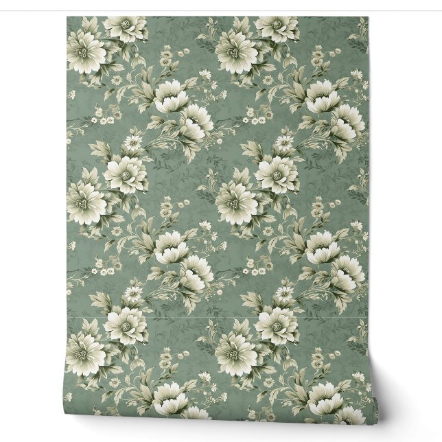 Shabby Chic Blütenpastellgrün Elfenbein Rose Tapete (Abrollen)