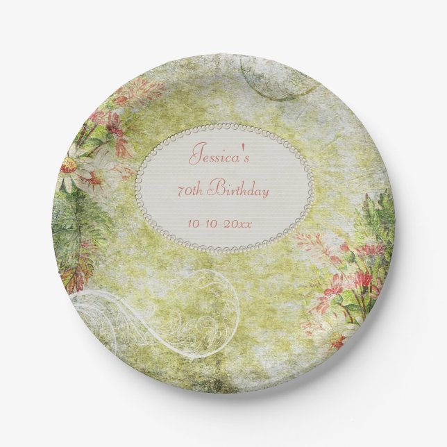 Shabby Chic-Bonbon-70. Geburtstag u. Wildblumen Pappteller (Vorderseite)