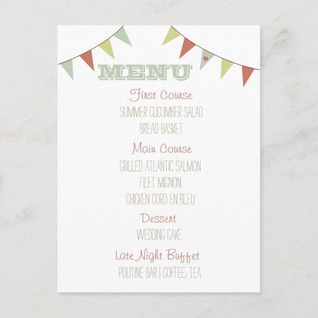 Shabby Chic Bunting Wedding Menu Postkarte (Vorderseite)