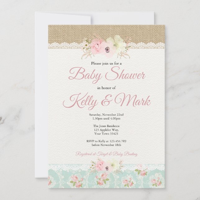 Shabby Chic Burlap & Lace Girl Babydusche Einladung (Vorderseite)