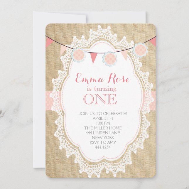 Shabby Chic Burlap Pink Invitations d'anniversaire (Devant)