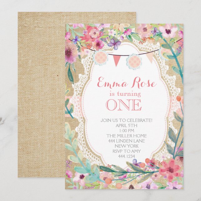 Shabby Chic Burlap Pink Invitations d'anniversaire (Devant / Derrière)