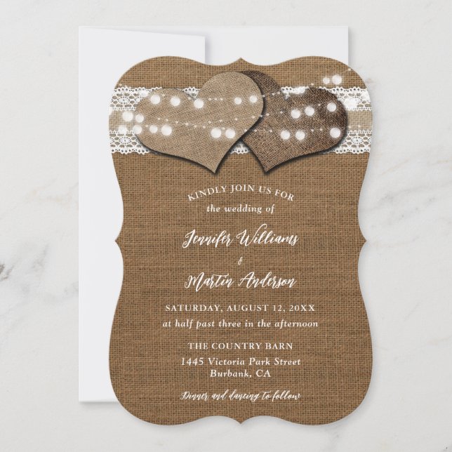 Shabby Chic Burlap- und Lace Hochzeitseinladungen Einladung (Vorderseite)