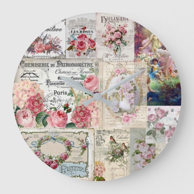 Shabby Chic-Collage, Land viktorianisch, Entkopplu Große Wanduhr (Vorderseite)