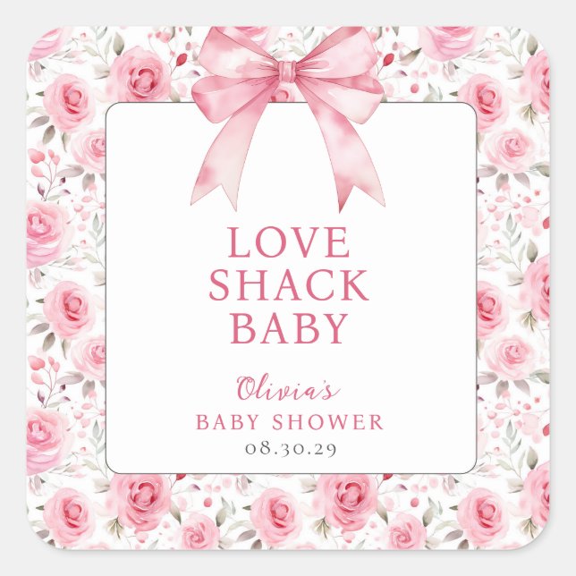 Shabby Chic Coquette Pink Liebe Shack Babydusche Quadratischer Aufkleber (Vorderseite)
