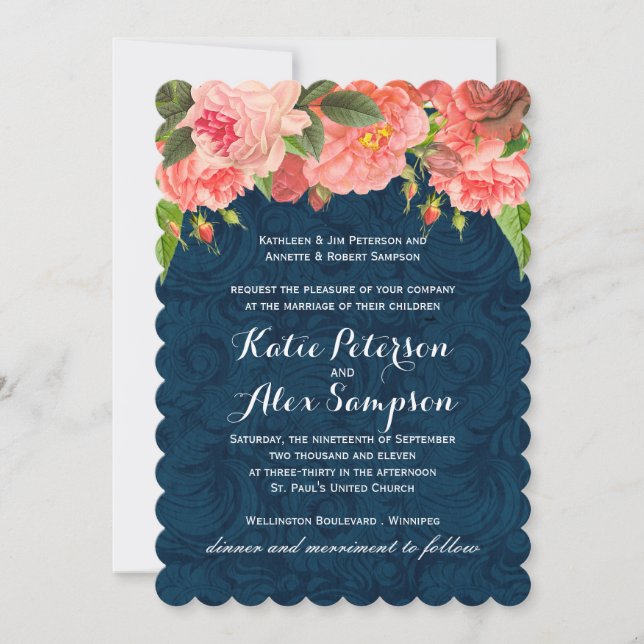 Shabby Chic Coral and Navy Blue Weditation Einladu Einladung (Vorderseite)