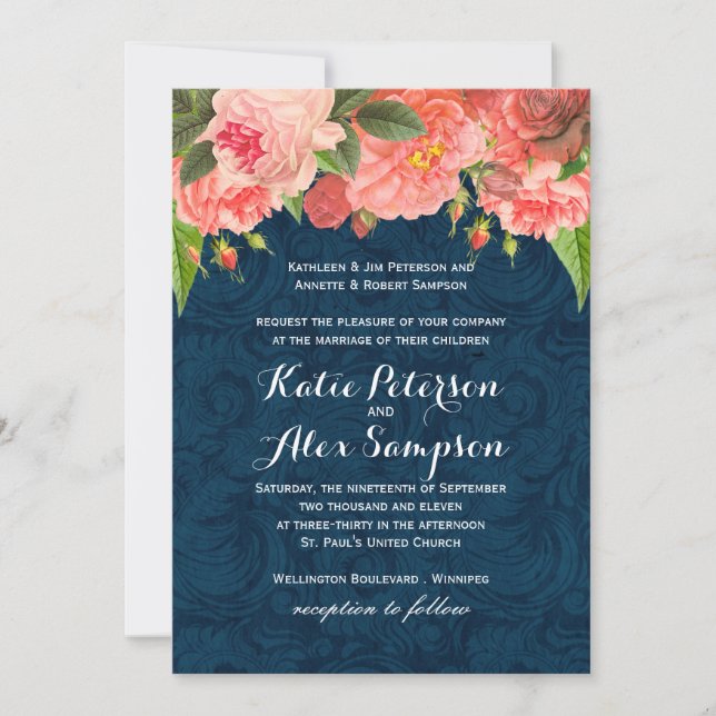 Shabby Chic Coral and Navy Blue Weditation Einladu Einladung (Vorderseite)
