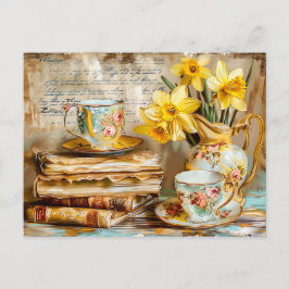 Shabby chic Daffodils on a Stacked antique Books Postkarte