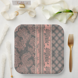 Shabby Chic Dusty Rose Pink Grau Damast Hochzeit Pappteller