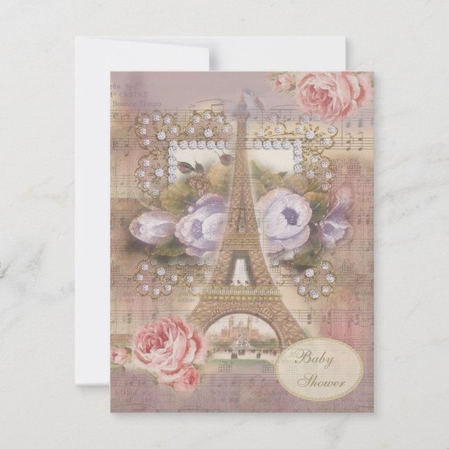 Shabby Chic Eiffel Tower Floral Baby Dusche Einladung (Vorderseite)