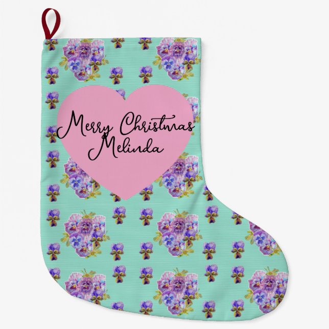 Shabby Chic Floral Aqua Christmas Girls Name Großer Weihnachtsstrumpf (Vorderseite)