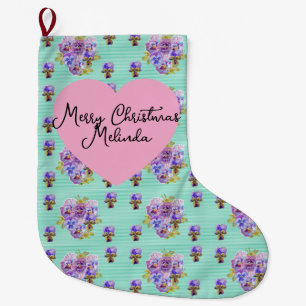 Shabby Chic Floral Aqua Weihnachten Mädchen Name Großer Weihnachtsstrumpf