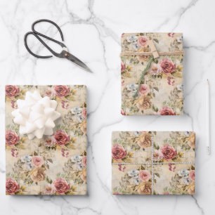 Shabby Chic Floral auf Beige Geschenkpapier Set