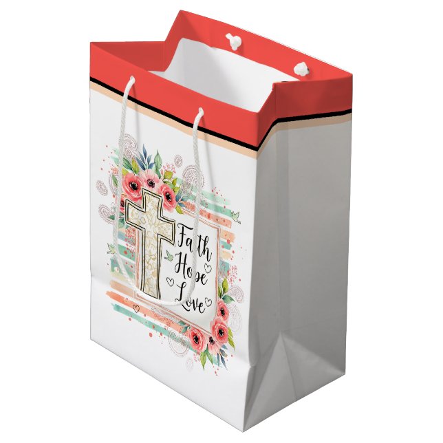Shabby Chic floral Faith Hope Love Mittlere Geschenktüte (Vorderseite Schrägansicht)