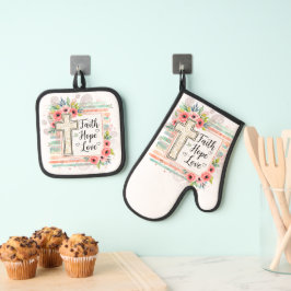 Shabby Chic floral Faith Hope Love Ofenhandschuh & Topflappen-Set