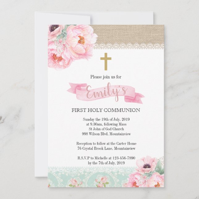 Shabby Chic Floral First Heilige Kommune Einladung (Vorderseite)