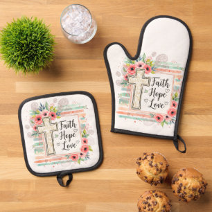 Shabby Chic floral Glaube Hoffnung Liebe Ofenhandschuh & Topflappen-Set