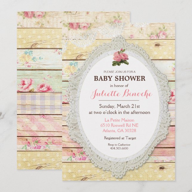 Shabby Chic Floral Wood Baby Dusche Einladung (Vorne/Hinten)