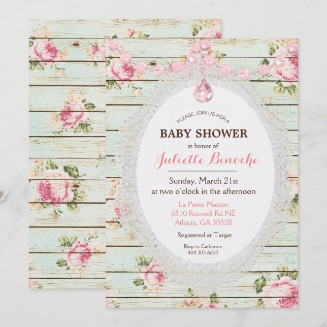 Shabby Chic Floral Wood Baby Dusche Einladung (Vorne/Hinten)