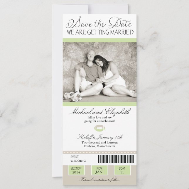 Shabby Chic Football Ticket Save the Date (Vorderseite)