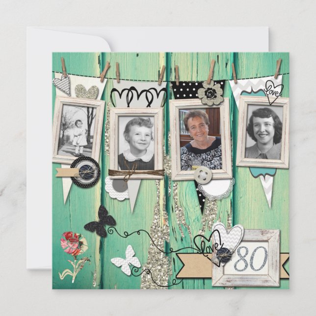 Shabby Chic Foto 80. Geburtstagsparty Einladung (Vorderseite)