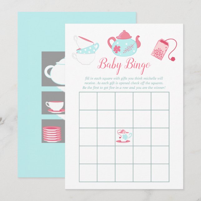 Shabby-Chic Girl Baby Dusche Tee Party Bingo Einladung (Vorne/Hinten)