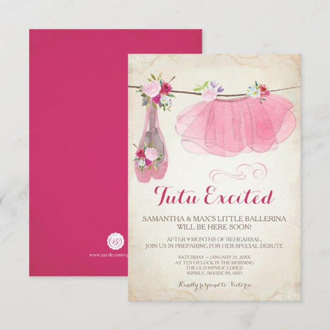 Shabby Chic Girl Ballerina Kinderdusche Einladung (Vorne/Hinten)