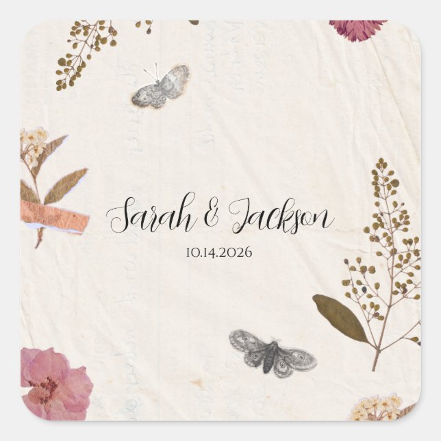 Shabby Chic Hochzeit Pressed Blume Quadratischer Aufkleber (Vorderseite)