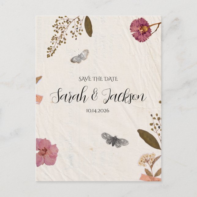 Shabby Chic Hochzeit Pressed Blume Save the Date Postkarte (Vorderseite)
