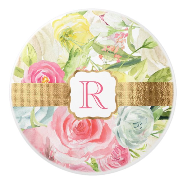 Shabby Chic Hübsch Pink Aquarellfarben Rose Monogr Keramikknauf (Vorderseite)