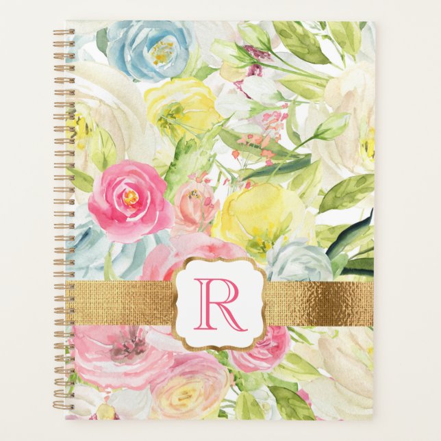 Shabby Chic Hübsch Pink Aquarellfarben Rose Monogr Planer (Vorderseite)
