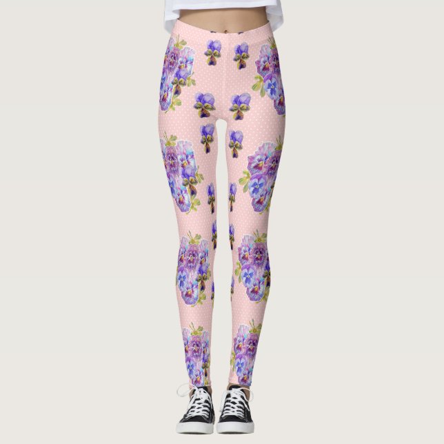 Shabby Chic Light Pink Dot Pansy Floral Leggings (Vorderseite)
