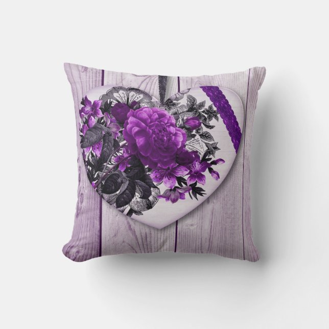 Shabby Chic Lila Blumenherz auf Lilac Holz Kissen (Vorderseite)