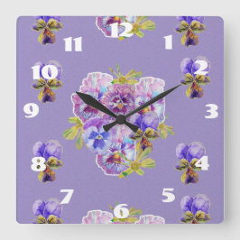 Shabby Chic Lila Stiefmütterchen Pansy Blumenzimme Quadratische Wanduhr